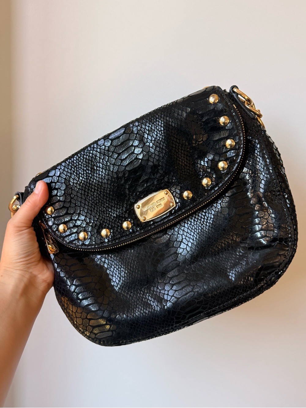 Michael Kors Black Python-Embossed Shoulder Bag with Gold Hardware